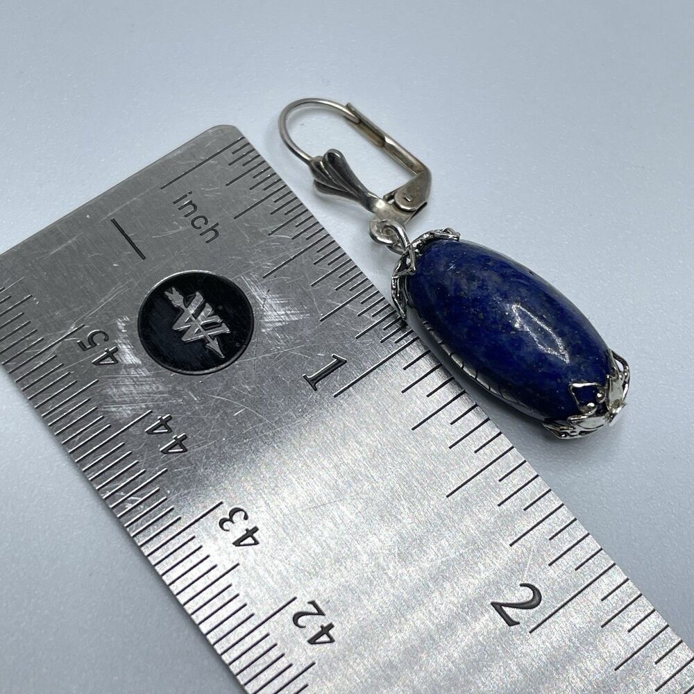Artisan Lapis Lazuli Beaded Silver Tone Dangle Lever Back Earrings Boho Timeless - Picture 6 of 6